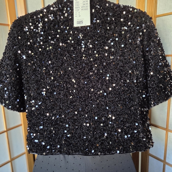 NWT WOMENS H&M BLACK SEQUINS & FRONT BOW CROPPED SHORT SLEEVE EVENING TOP SMALL - Picture 2 of 8